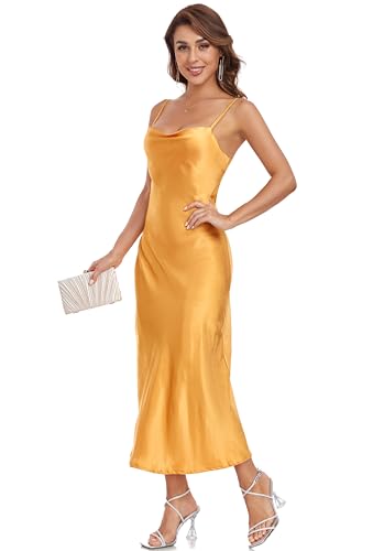Image of Women's Spaghetti Strap Midi Satin Silk Dresses Slip Cowl Neck Party Cocktail Evening Sexy Dress