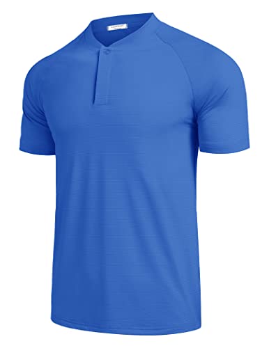 COOFANDY Men's Collarless Golf Shirts Quick Dry Short Sleeve Polo Shirt Breathable Workout Shirts Henley Shirt Blue
