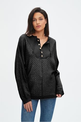 Image of EZAPINE Women's Oversized Crochet Sweater Pullover Drawstring Long Sleeve Button Hollow Out Knit Crochet Top Blouses