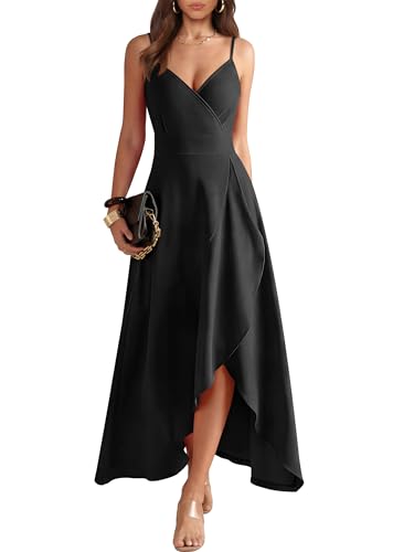 ANRABESS Formal Dresses for Women Evening Party Cocktail Long Dress Split Elegant V Neck Wrap Ruffle Wedding Guest Dresses Black Large