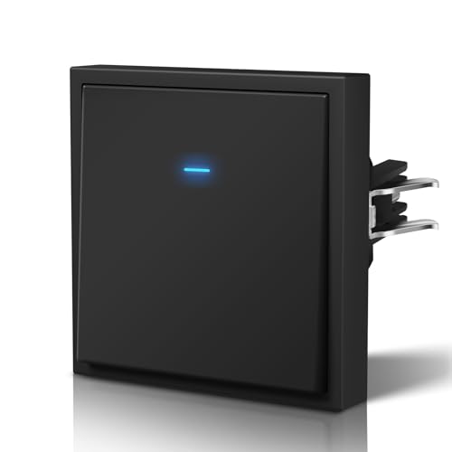 BSEED Interruptor pared Mate,Basculante con Garfio,Botón Pulsador con Pilotitos LED,Fácil Instalación,C-Series,1 Gang 1 Vía,80mm Negro