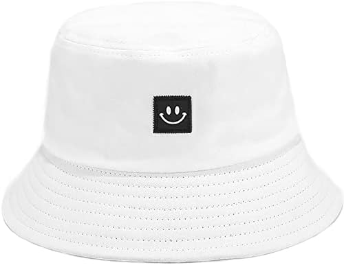 Taidor Cotton Bucket Hat Solid Color Beach Hat Summer Travel Sun Hats Fisherman Cap Smile White