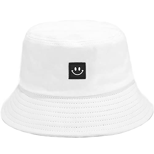 Taidor Cotton Bucket Hat Solid Color Beach Hat Summer Travel Sun Hats Fisherman Cap Smile White #TOP2