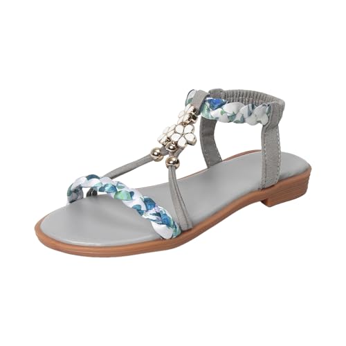 IWIHMIV Girls Sandals Open Toe Bohemian Sandals Princess Non Slip Flat Summer Beach Lightweight Elastic Strap Shoes