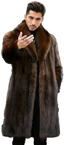 FTIMILD Men's Long Faux Fur Coat Single Breasted Warm Winter Trench Coat Fluffy Thick Overcoat