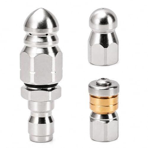 Sewer Jetter Nozzle Kit 3-Pack Stainless Steel Jet Nozzles with Rotating Button Nose and Fixed Models 1/4 Quick Connect Up to 5000 PSI for Pressure Washer Drain Cleaning