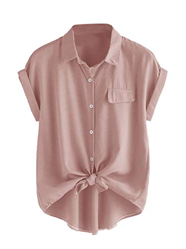 Milumia Women Casual V Neck Collar Knot Hem Button Down Rolled Cuff Short Sleeve Work Blouses Shirt Tops Pink Large