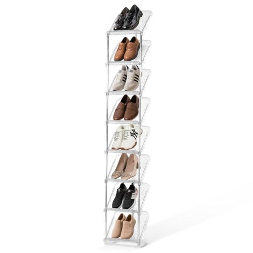 SMILHELTD Vertical Shoe Rack 8 Tiers Narrow Clear Sneaker Storage Holder Luxurious Slim Tall Organizer Space Saving Shelf for Entryway Garage 10.4' W x 64.5' H x 9.8' D (Transparent)