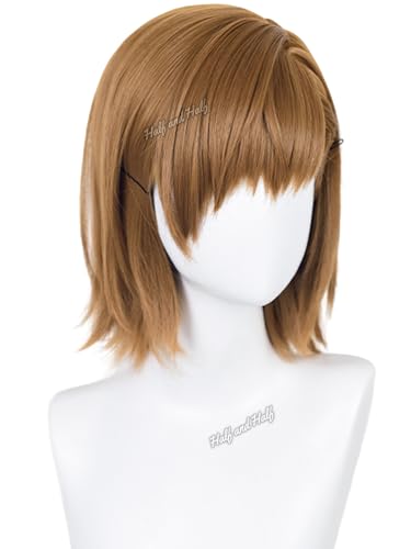 Image of Half and Half Short Deep Brown Straight Anime Cosplay Wig for Women 15'' Deep Brown Wigs with Side Part Bangs Synthetic Hair Wigs for Halloween Party Daily Costumes