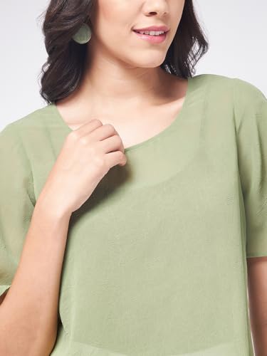 Image of Zima Leto Women's Stylish Sheer Crop Top | Trendy Solid Lightweight Blouse with Half Sleeves | Chic Casual Summer Party Top for Girls | Modern Layering Outfit for Office, Travel & Daily Fashion