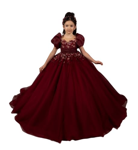 Burgundy Girls Pageant Dress Cap Sleeves Flower Girl Dress for Wedding Puffy Prom Ball Gowns for Kids