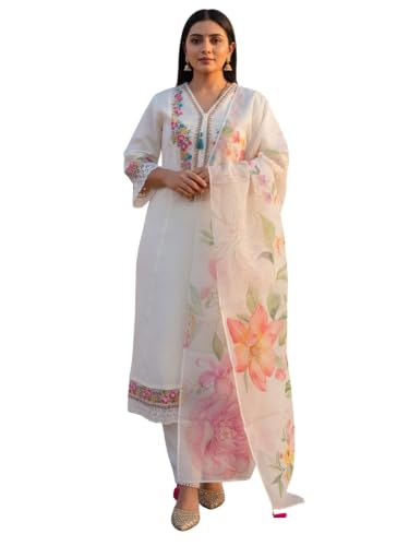 Image of INDO ERA Women's Silk Blend Embroidered Zari Work Straight Kurta & Pant Set | Cord Set For Women