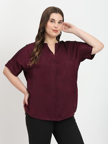 Image of SINDOORI Relaxed Fit Tops for Women Plus Size Solid Printed Mandarin Collar, Band Collar, V-Neck Top, Half Sleeve Loose Fit