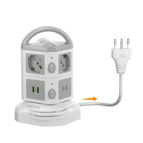 TESSAN Ciabatta Multipresa con USB C, Ciabatta Elettrica con Prolunga Retrattile 2M, Torretta Multipresa da Scrivania con 2 Interruttori Indipendenti, 6 Prese Schuko, Girgio