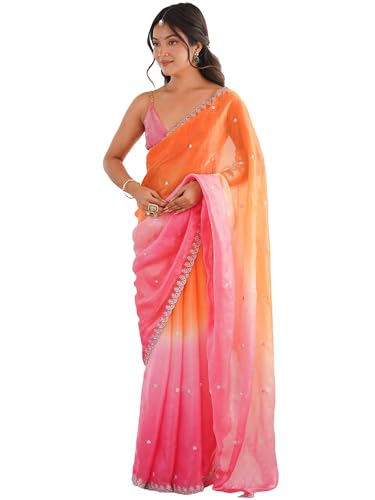 Image of AKHILAM Women's Shimmer Satin Sequence Embroidery Saree With Unstitched Blouse Piece(AARYAN21701 KR Parent)