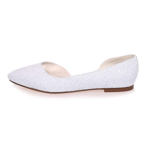 Creativesugar Women Flat Dress Shoes, Pointed Toe 3D White Glitter Lady Flats, D'Orsay Women Wedding Party Prom Shoes (9… - Image 3