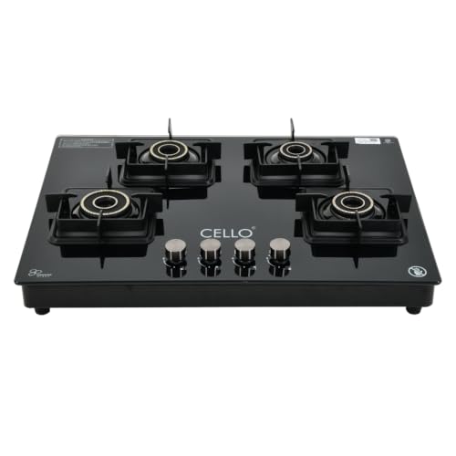 Image of Cello Classic Plus 4 Burner Gas Stove | Glass Hob Top Cooktop with Brass Burners | 8mm Toughened Glass | ISI Certified | Manual Ignition | Flame Guard Pan Supports | Premium Black