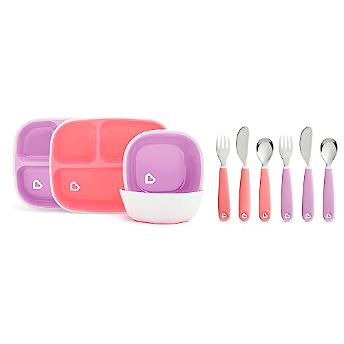 Image of Munchkin Splash Toddler Dining Set - Includes Divided Plates, Bowls and Utensils, 10pc Set, Pink/Purple