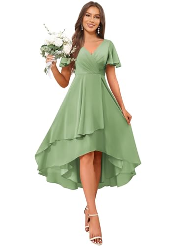 Short Bridesmaid Dresses Chiffon A Line Flutter Sleeve High Low Ruched Bust Wedding Guests Formal Evening Party Gown