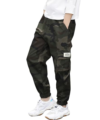 Deekynoop Pantalon cargo pour enfant - Pantalon cargo pour garçon avec taille élastique, Vert camouflage., 164-170 grande taille