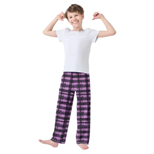 Pajama Bottoms, Purple Checkered with Bow Sleeping Pant Lounge Wear Elastic Waist Long Pants Sleepwear Pjs2