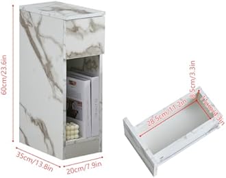 Slim Bedside Table Bedroom Nightstand with Open Shelf & Drawer, Narrow End Table Sofa Side Table for Living Room, Compact Wooden Lamp Table Telephone Table for Home Office (High Gloss Marble)