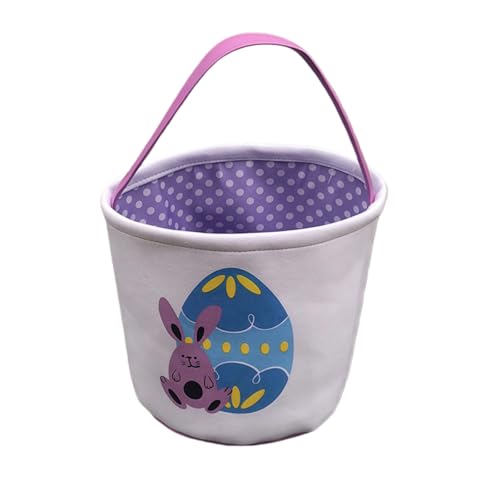 Image of Easter Bunny Basket Bag for Kids, Canvas Cotton Egg Hunt Tote with Rabbit Print, Bunny Gift Bag for Boys and Girls, Lightweight Reusable Candy and Egg Holder, Multiple Colors (Easter Bunny Basket - Purple)