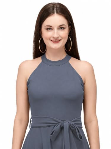 Image of Women Fit & Flare High Low Midi Dress | Sleeveless Round Neck One Piece Dress with Waist Tie Detail | Flowy Western Dress for Party and Casual Styling