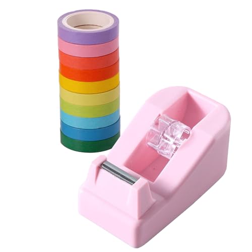 TopHomer Cute Tape Dispenser with 10 Pcs Colorful Tapes Mini Tape Cutting Tool Refillable Tape Dispenser with Non-Skid Pad Design for Gift Wrapping Office Home School Supplies(Pink)
