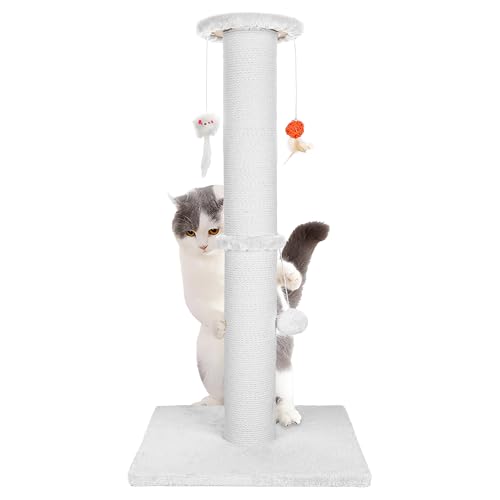 Ahomdoo 36.5 Inch Cat Scratching Post Heavy Duty Cat Scratch Post Handcrafted Rope with Hanging Toys for Ultimate Cat Fun(White)