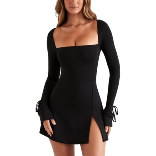 Hanaoops Damen Kleider Sexy Langarm Quadratischem Ausschnitt Minikleid Eng Kurz Bodycon Kleid mit Schlitz Elegant A Line Figurbetontes Stretch...