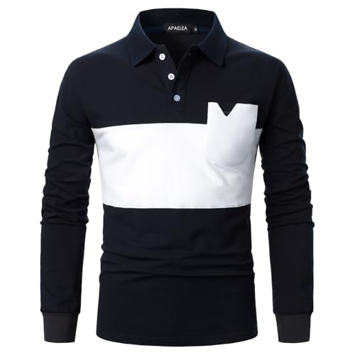 APAELEA Clásico para Hombre de Polos Manga Corta Cuello Color de Contraste Solapa Camiseta con Tres Botones Tapeta,Azul Blanco,M