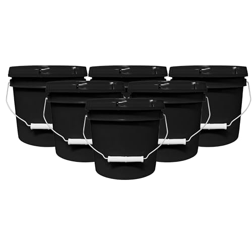 Image of MKS Plastics 1-Gallon Bucket with Airtight Lid - Made in USA, Food Grade BPA Free Plastic, Heavy Duty Multi-Use, Metal Handle with Grip, Stackable Storage - Black, 6 Pack