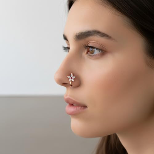 Image of Nilu's Collection Rose Gold American Diamond Non Piercing Nose Pin for Women | Elegant Flower Nose Stud | Minimal Clip-On Nose pin | Anti-Allergy | Anti-Tarnish | Office Wear | Daily Wear | office Wear | Non Piercing