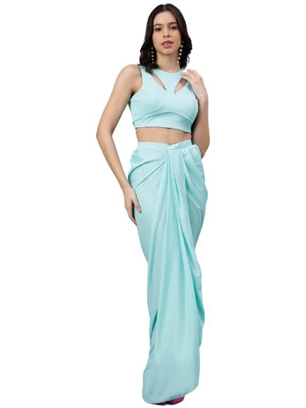 Image of Women's Modern Traditional Pre-Stitched Satin Saree with Modern Crop Top Blouse - Elegant Black Draped Sari for Parties and Special Occasions