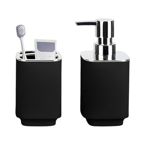 Black Bathroom Accessories 2 Pieces Soap Dispenser and Toothbrush Holder Set for Boho Bathroom