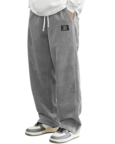 Men's Corduroy Pants Elastic Waist Baggy Straight Leg Sweatpants with Pockets Drawstring Casual Pants Trousers