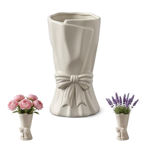Cream Ceramic Bow Vase Decorative White Flower Vase for Table Centerpiece Elegant Cream Ceramic Vase with Bow Design for Home Office Wedding Decor