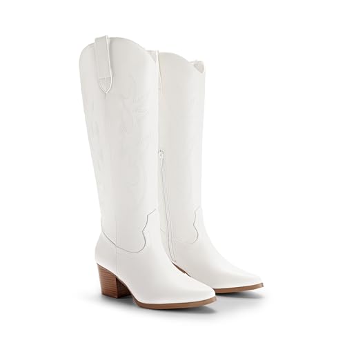 DREAM PAIRS Cowboy Boots for Women Cowgirl Knee High Boots Comfortable Pull On Zipper Chunky Heel Pointed Toe Embroidered Western Boots3