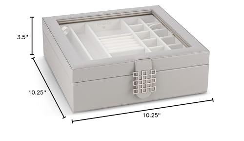 Glenor Co 28 Section Jewelry Box - 2 Layer - Buckle Snap & Magnet Closure - Large Glass Top - Leather Design - Grey - Jewelry Organizer for Women & Girls - for Earring Ring Necklace & Bracelet
