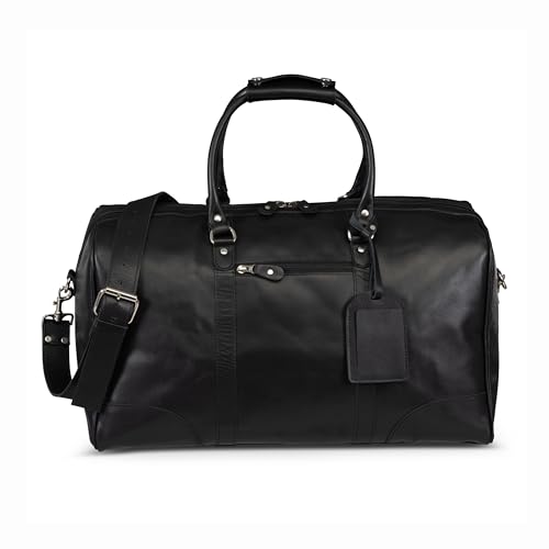 HIDES Bolsa de viaje de cuero turístico de 50 litros, hecha a mano, con compartimento espacioso de cuero de grano completo, bolsillos con cremallera y correa ajustable para el hombro, Negro -, Bolsa