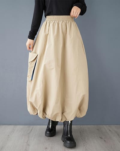 ellazhu Women's Skirt Loose Oversize Elastic Waist Casual Mid Length Solid Side Pocket GZ3454