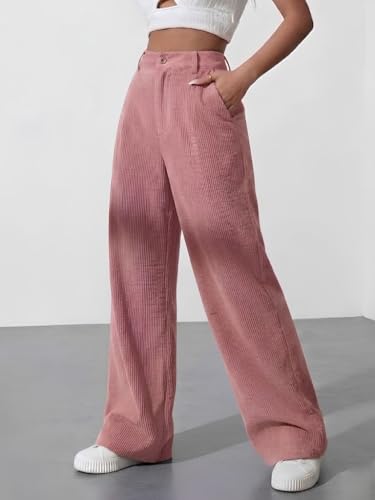 Image of SMOWKLY Women's Corduroy Mid Rise Wide Leg Korean Bottomwear with Pocket | Loose & Relaxed Fit Casual Baggy Trousers for Woman Elegant Workwear for Office, College & Events