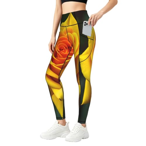 Pantalones de yoga para fitness y correr con diseño de rosas amarillas opacos