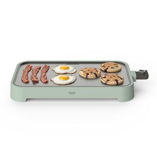 Martha Stewart 12” x 22” Electric Griddle, XL Ceramic Nonstick Flat Top Cooking Surface, Adjustable Temperature Dial, Drip Tray, Dishwasher Safe, 1500W Fast Even Heating, Pancakes & Eggs, Honeydew