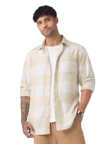 Image of The Souled Store: Driftwood Men and Boys Long Sleeve Spread Collar Beige Plaid Checked Regular Fit Easy to Wear Casual Streetwear Cotton Linen Shirt