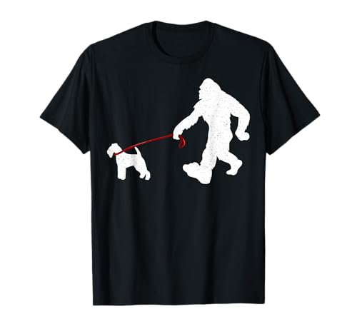Funny Bigfoot Walking With Lakeland Terrier Dog Gifts T-Shirt