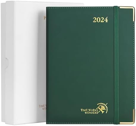 POPRUN Premium Diary 2024 Week To View (22.3 x 16.9 cm) - A5 Hardback Week Planner 24 for Appointment Packaged in a Gift Box, Monthly Tabs - Foest Green