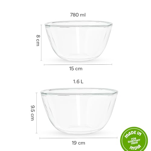 Image of Borosil Square Shape Serving & Mixing Bowl | Borosilicate Glass Bowl for Kitchen & Dinning | Bowl for Mixing Dough, Salad, Batter | Microwave & Dishwasher Safe | Transparent (780ml + 1.6 L)