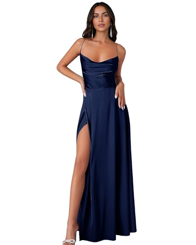 Nicktane Open Back Bridesmaid Dresses - Satin Spaghetti Strap Long Wedding Evening Gowns with Slit